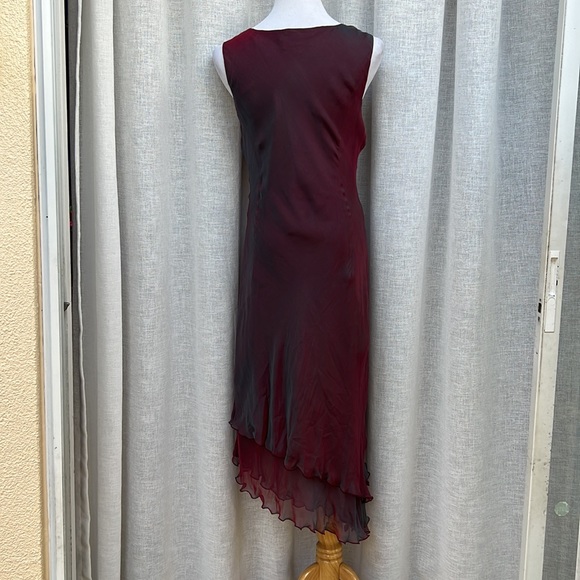 Miller Shor burgundy color shiny silk slip on dress with layered ruffles. - Picture 5 of 9